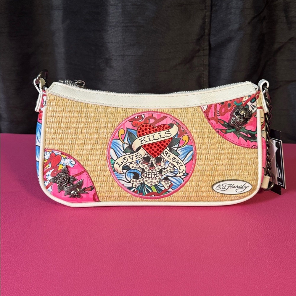 Ed Hardy Pink Tattoo Print Shoulder Bag NWT Y2K Skull Heart Purse Vegan Leather